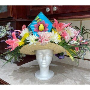 Kentucky Derby Handmade Floral Wide-Brim Straw Hat With Vibrant Flowers Butterfl